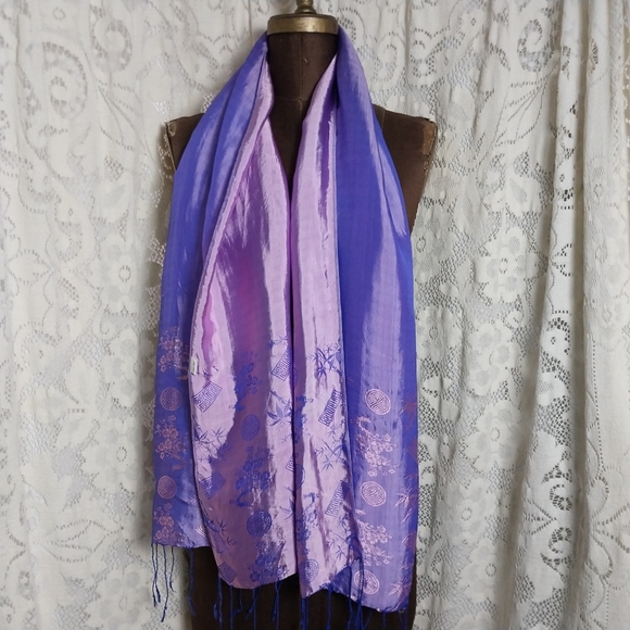 100% Silk Scarf Rectangle Pink Purple Blue Tassels Color Shift 68"×17" - Picture 1 of 7